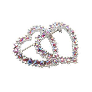 Vintage Red AB Rhinestone Linked Double Hearts Dainty Silver Tone Brooch Pin